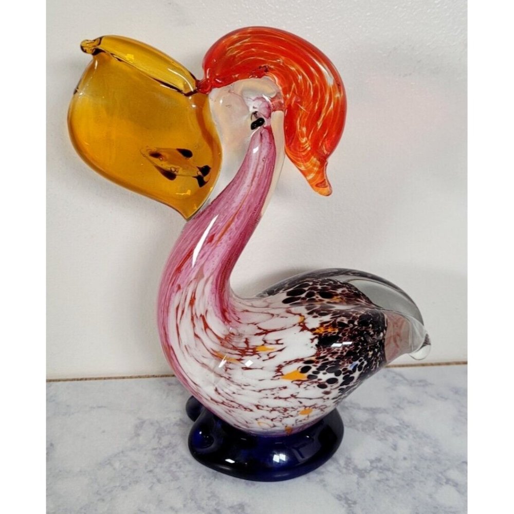 Italian Murano Style Blown Glass Pelican Paperweight With Fish In Bill
